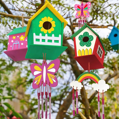 Crafts for Kids Ages 4-8 - 4 Pack DIY Bird House Wind Chime Kit - Build and Paint Birdhouses Wooden Arts Kits Easter Basket Stuffers Gifts for Girls Kids Boys Toddlers Ages 3-5 4-6 6-8 8-12