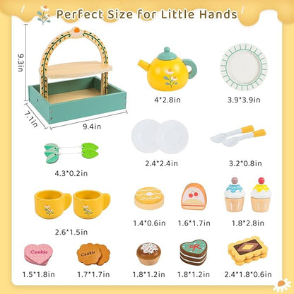 Tea Party Set，Tea Sets for Toddlers 3-5，Kids Tea Set with Dessert Cookies & Cake Stand, Non-Toxic Wooden Tea Party Set，Pretend Play Toys Toddler Tea Set for Girls Birthday Gifts