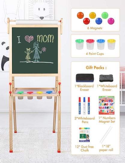 YOHOOLYO Kids Easel Wooden Children Art Easel Paper Roll,Double Sided Magnetic Whiteboard Chalkboard Dry Eraser Adjustable Height for Boys Girls Gifts