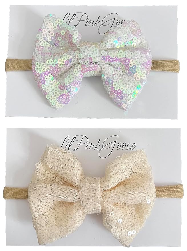 Baby Girls Neon Glitter Sequins Bow Headbands for Newborn to 1 Year Up Toddlers (Iridescent Whtie,Ivory 1 Year