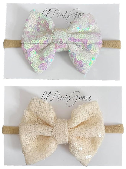 Baby Girls Neon Glitter Sequins Bow Headbands for Newborn to 1 Year Up Toddlers (Iridescent Whtie,Ivory 1 Year