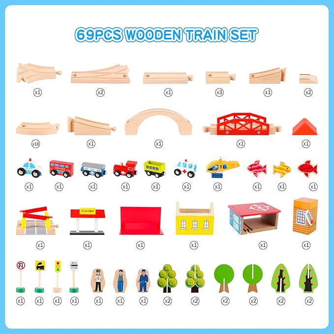Qilay 69 PCS Wooden Train Set -Premium Wood Train Tracks & Trains Toys for Toddlers 3,4 5 Years