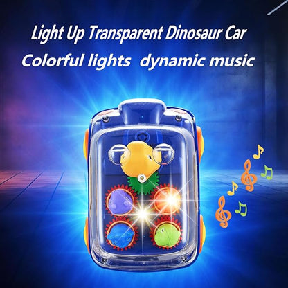 Dinosaur Bus Cars (Blue)，Light Up Toy Toddler Trucks，Automatic Bump & Go Clear with Color Moving Gears, Music 1-3 2-4