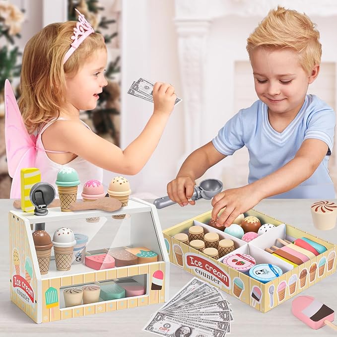 Toyssa Wooden Ice Cream Toys Kids Pretend Play Store Toys for Toddlers Girls 3 4 5 6, Wooden Food Christmas Birthday Gifts Play Kitchen Accessories for 2 3 4 5 Year Old Girls Boys
