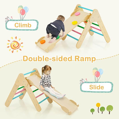 Costzon Climbing Toys for Toddlers, Foldable Montessori Wooden Arch Climber Ladder with Sliding Ramp, Multi-Combination Methods, Rainbow Kids Triangle Climber Play Gym Set for Boys Girls Gift Present