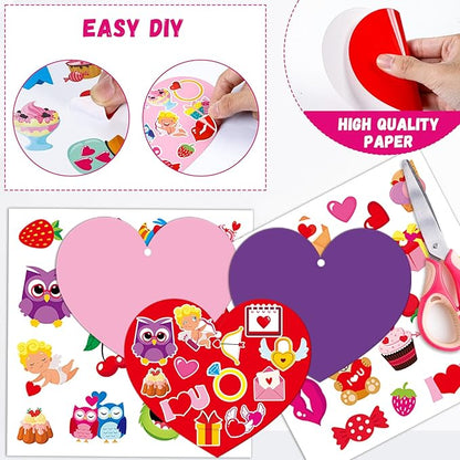 36 Sets Valentine's Day Heart Craft Kits for Kids Valentines DIY Heart-Shaped Craft Kits with Stickers Valentines Day Hanging Multicolor hearts Crafts for Classroom Home Activity Decoration