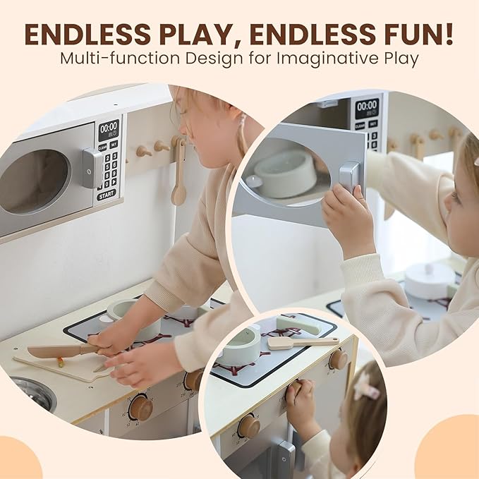 Wooden Play Kitchen, Kids Toy Kitchen Cooking Set, Kids Play Kitchen Pretend Play Set, Pretend Kitchen Playset for Toddlers Boys and Girls 3-7+