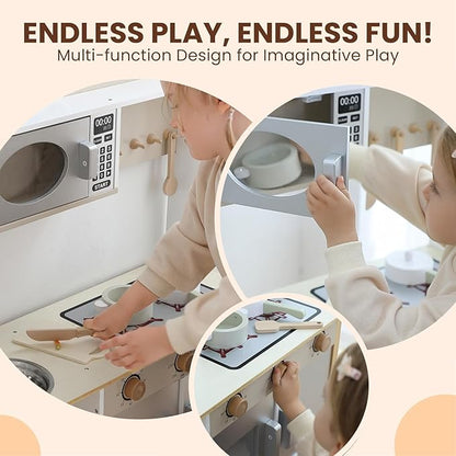 Wooden Play Kitchen, Kids Toy Kitchen Cooking Set, Kids Play Kitchen Pretend Play Set, Pretend Kitchen Playset for Toddlers Boys and Girls 3-7+