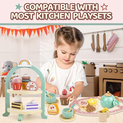 Wooden Cake Toys Tea Party Set, Desserts Food Toy with Cupcake Stand, Kids Pretend Play Kitchen Accessories, Wooden Play Food Set Toy Baking Gift for 3 4 5 Years Old Girls Boys