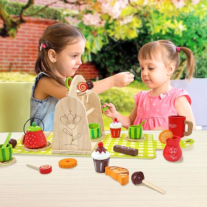 Wooden Tea Party Set for Little Girls with Handbag, Pretend Play Food Toys Kitchen Accessories Playset for Kids Toddlers 2 3 4 5