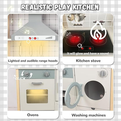 Wooden Kitchen Playset for Kids Ages 3-8, Pretend Play Kitchen for Toddlers with Realistic Lights & Sounds, Cooking Accessories, Pretend Toddler Kitchen Gift for Girls Boys (Traditional)