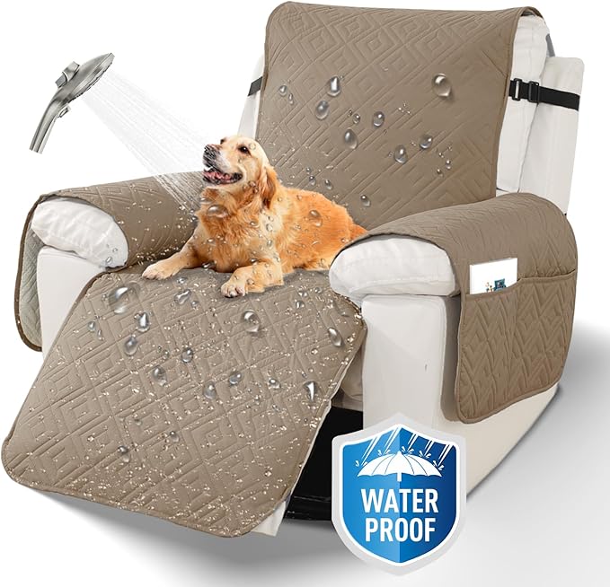 XINEAGE 100% Waterproof Recliner Cover, Non Slip Recliner Chair Cover with Elastic Band, Washable Recliner Slipcover with Storage Pockets for Kids, Pets (Khaki, 25")