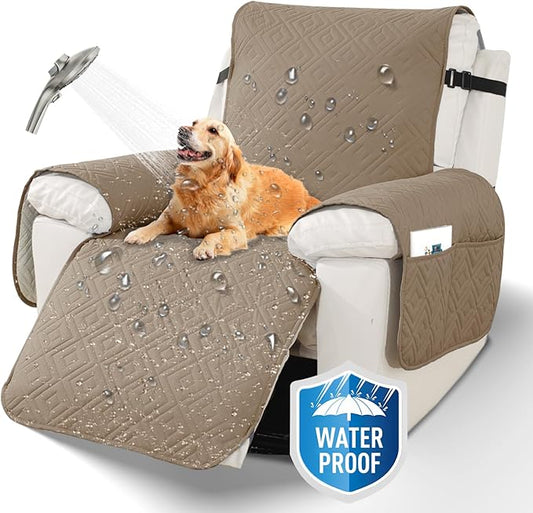 XINEAGE 100% Waterproof Recliner Cover, Non Slip Recliner Chair Cover with Elastic Band, Washable Recliner Slipcover with Storage Pockets for Kids, Pets (Khaki, 25")