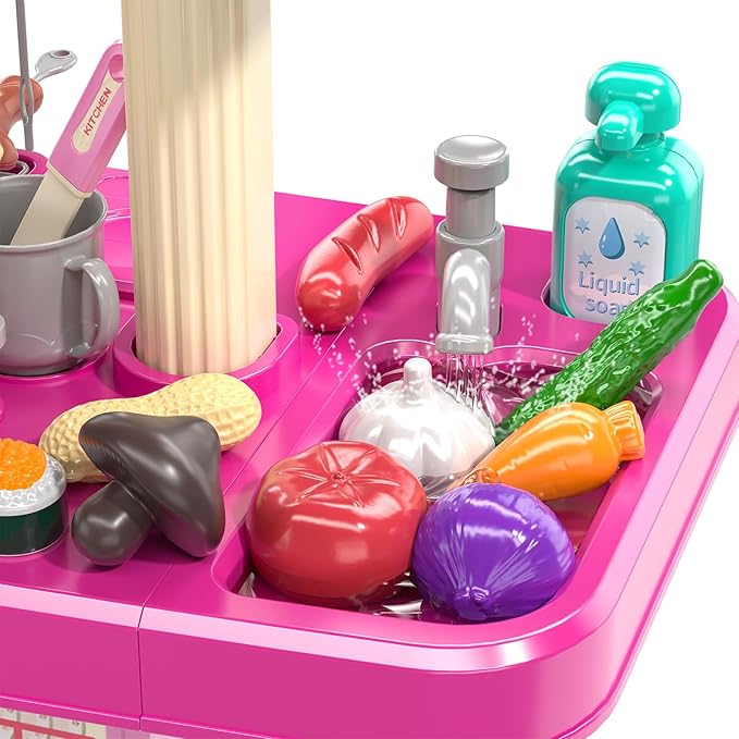 TEMI Kitchen Playset | 2-in-1 Kids Kitchen & Grill Playset, Play Kitchen with 60Pcs Toy Accessories Set, Real Sounds and Light | Pretend Play Set for 3+ Year Old Kids, Girls & Boys