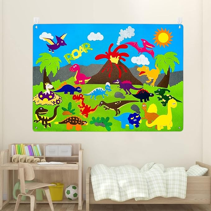 WATINC Dinosaur Felt-Board Stories Set 3.5Ft 37Pcs Preschool Dinosaurs Classification Storytelling Flannel Roar Volcano Ancient Animal Theme Early Learning Play Kit Wall Hanging Gift for Toddlers Kids