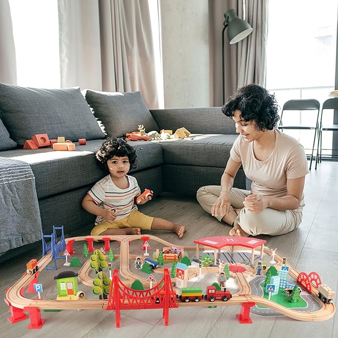 Qilay 140 Pcs Wooden Train Set, Delux Toddler Train Set Railway Kits for Kids 3,4,5 Year