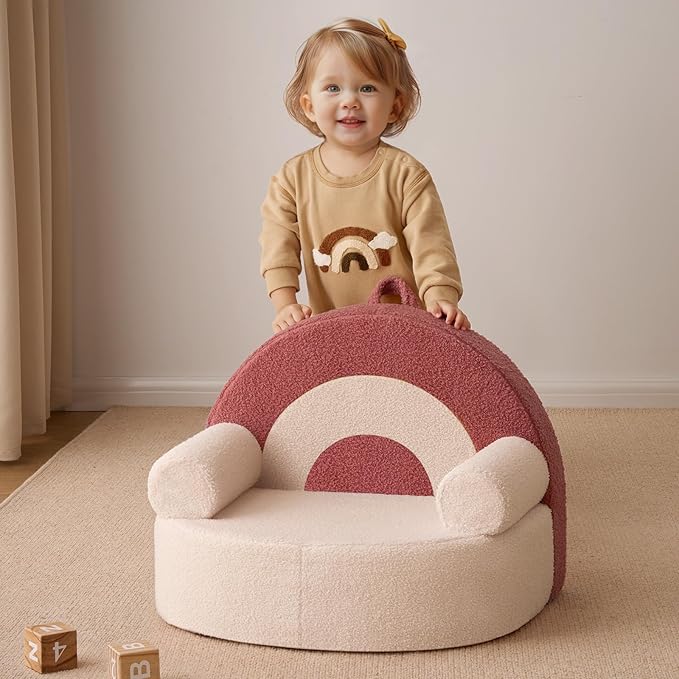 Blissful Diary Toddler Chair Comfy, Foam Kids Chair with Soft Teddy Plush, Toddler Reading Armchair with Cute Rainbow Designs- Light Cream