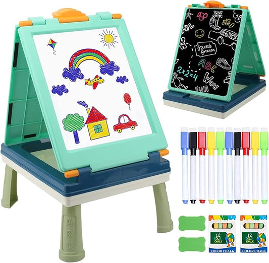 Table Art Easel for Kids, Double Sided Foldable Tabletop Drawing Easels Chalkboard Desk with Graffiti and Board Game Accessories Supplies for Boys and Girls (Blue)