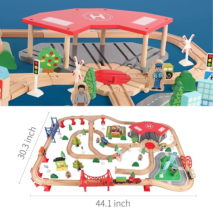 Qilay 140 Pcs Wooden Train Set, Delux Toddler Train Set Railway Kits for Kids 3,4,5 Year