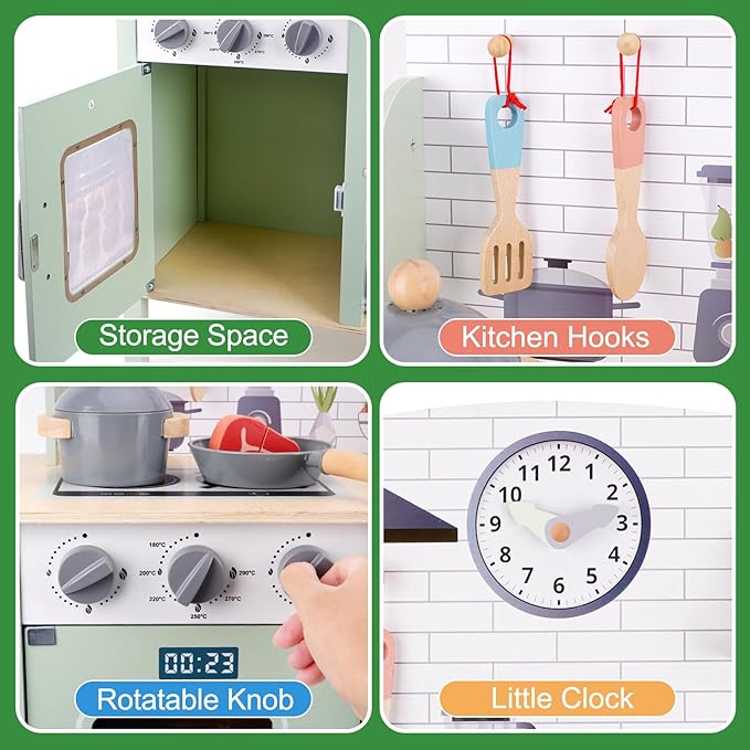 Wooden Play Kitchen for Kids, Kids Children Pretend Toy Kitchen Playset, Toys Kitchen with Realistic 24 Pieces Toy Accessory, Cutting Play Food Toys Gifts for Ages 3-8 Girls Boys