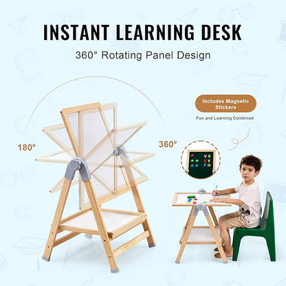 VEVOR Art Easel for Kids, 2-in-1 Wooden Double-Sided Kid's Art Easel with Magnetic Whiteboard & Chalkboard, Adjustable Standing Rotatable Foldable Drawing Board with Painting Accessories for Boy Girl