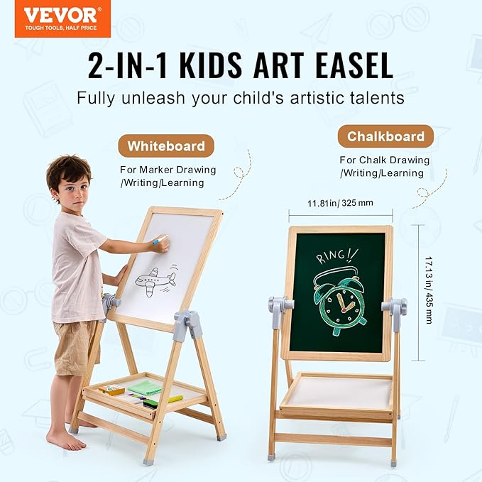 VEVOR Art Easel for Kids, 2-in-1 Wooden Double-Sided Kid's Art Easel with Magnetic Whiteboard & Chalkboard, Adjustable Standing Rotatable Foldable Drawing Board with Painting Accessories for Boy Girl
