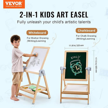 VEVOR Art Easel for Kids, 2-in-1 Wooden Double-Sided Kid's Art Easel with Magnetic Whiteboard & Chalkboard, Adjustable Standing Rotatable Foldable Drawing Board with Painting Accessories for Boy Girl