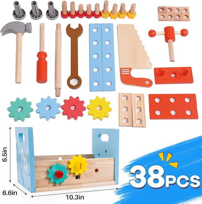 Bravmate Wooden Tool Set for Kids 2-5 Years Old - 38pcs Take-Along Toddler Tool Kit with Tool Box, STEM Montessori Toys Christmas Birthday Gift for 2 3 4 5 Year Old Boys Girls