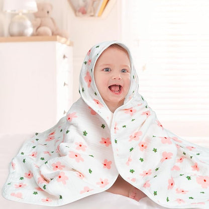 Zainpe 4Pcs Muslin Baby Hooded Towel & Washcloth Set Floral 31.5 x 31.5 in