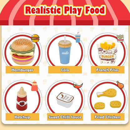 Wooden Pretend Play Fast Food for Kids,Play Food Sets for Kids Kitchen,Restaurant Play Set for Kids with Hamburger, Fries,Fried Chicken,Coke,Ketchup,Sauce,Gifts for 3 4 5+ Years Old