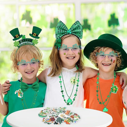 St Patricks Day Party Favors, St Patricks Day Accessories with Shamrock Necklace Eyeglasses Stickers Bows Headbands, St Patricks Day Gifts for Kids Adults (Pack of 74)