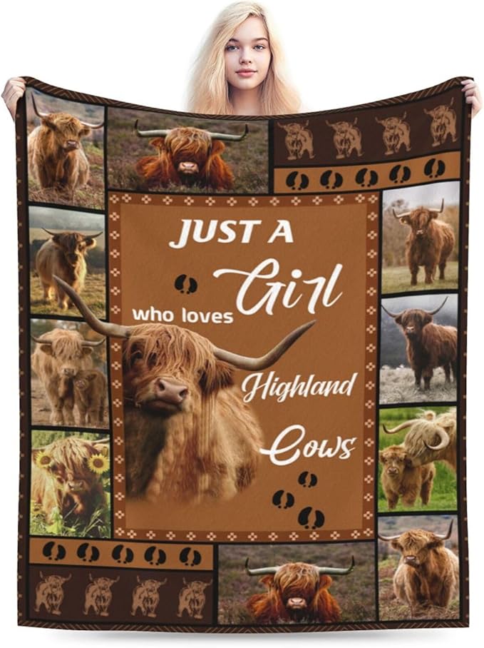 Just A Girl Who Loves Highland Cows Throw Blanket Cute Farm Cow Animal Plush Fleece Soft Cozy Cartoon Highland Cattle Gifts Blanket for Kids Girls Adults Couch Bed Chair Office Dorm Decor 40''X50''