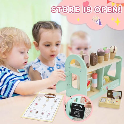 Wooden Ice Cream Counter Playset for Kids, 19pcs Ice Cream Toys for Toddlers, Ice Cream Shop Toys for Kids Ages 3+, Play Food and Accessories Pretend Food Toys for Girls Boys
