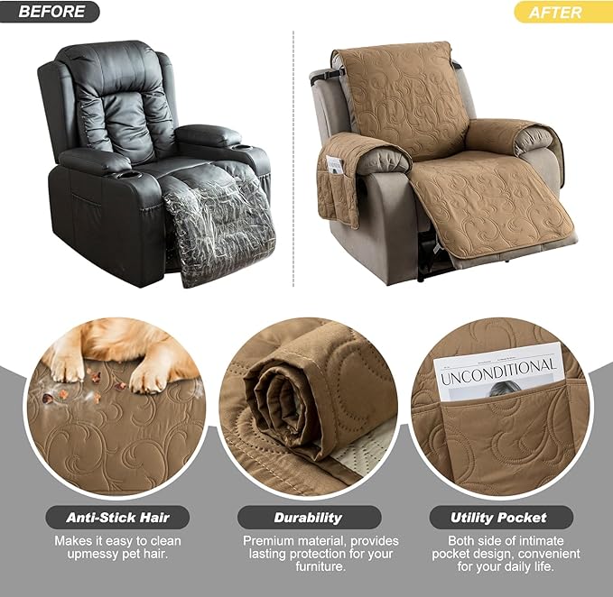 100% Waterproof Recliner Chair Cover, Recliner Chair Covers for Reclining Chair, Non-Slip Fabric Recliner Couch Cover for Living Room, for Pets Kids Protector, Washable (Camel, 28"Recliner Chair)