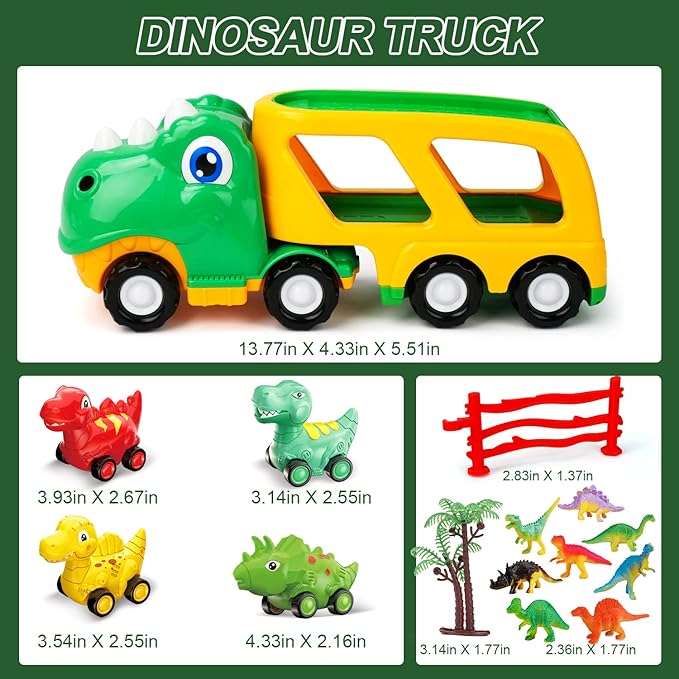 TOY Life Toddler Car Toy for 1+ Year Old, Dinosaur Transport Carrier Truck with 4 Pull Back Dinosaur Cars Dino Figures 1 2 3 4 5+, Christmas 18M+ Boys
