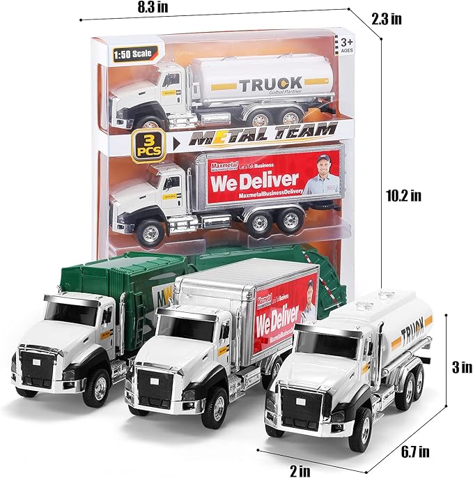 TEMI 3 Pack of Diecast City Transport Vehicles, Garbage 1/50 Scale