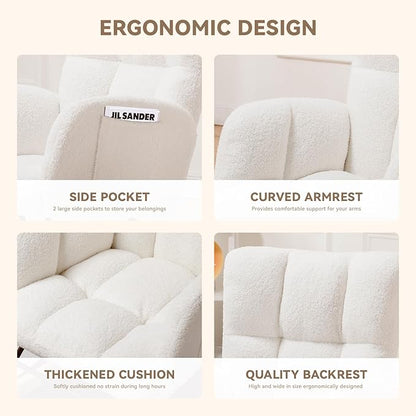 COMHOMA Nursery Rocking Chair, Teddy Upholstered Glider Rocking Chair with Side Pockets, Accent Chair with High Backrest Reading Chair for Adult, Nursery, Bedroom, Living Room,Offices (White)