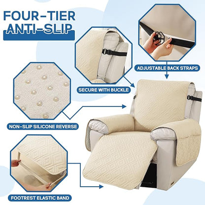 XINEAGE 100% Waterproof Recliner Cover, Non Slip Recliner Chair Cover with Elastic Band, Washable Recliner Slipcover with Storage Pockets for Kids, Pets (Beige, 28")