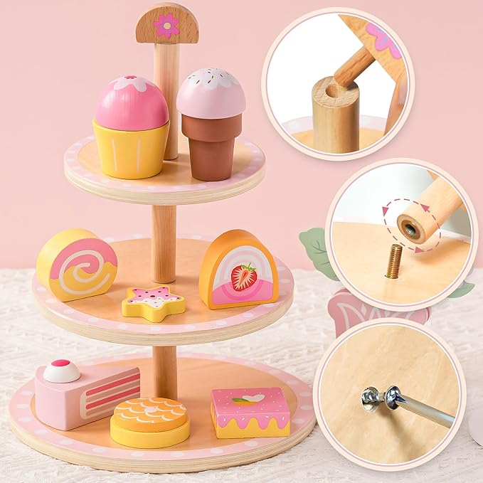 Wooden Tea Party Set for Toddler Girls Toys Gift with Cupcake Stand & Tray & Flower & Dessert, Kids Pretend Play Kitchen Accessories Christmas Birthday Gifts for 3 4 5 6 Years Old Little Girl
