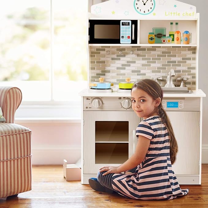 Costzon Kids Kitchen Playset, Wooden Pretend Chef Cooking Toy Kitchen with Realistic Sound, Microwave, Sink, Cookware Accessories, Play Kitchen for Toddlers, Boys, Girls, Gift for Ages 3+