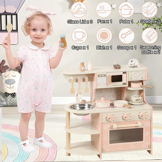 Wooden Play Kitchen for Kids, Pretend Kitchen Playset with Coffee Maker, Oven, Microwave, Cookware Accessories, Play Sink, Mini Toy Kitchen Set,Christmas Birthday Gift for Toddler Boys Girls