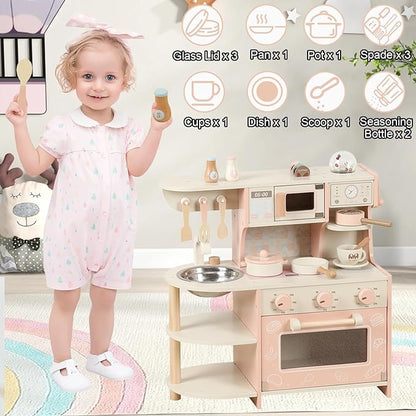 Wooden Play Kitchen for Kids, Pretend Kitchen Playset with Coffee Maker, Oven, Microwave, Cookware Accessories, Play Sink, Mini Toy Kitchen Set,Christmas Birthday Gift for Toddler Boys Girls