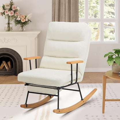 Rocking Chair with Footrest-Glider Rocker Chair with Retractable Footrest and Adjustable Backrest, Teddy Upholstered Rocking Chair Set of 2, Accent Chair for Living Room/Nursery/Bedroom/Outdoor-Beige