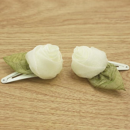 Off white Organza Rose Flower Snap Clips for little Girls -2Pcs