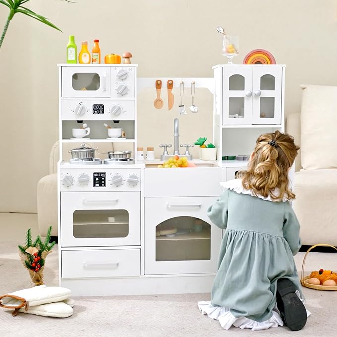 Wooden Play Kitchen for Kids with Realistic Lights and Sounds, Large Toddlers Interactive Kitchen Playset with Ice Maker, Stove, Sink, Oven, and 12 Accessories, Pretend Play Kitchen Set for Ages 3-8