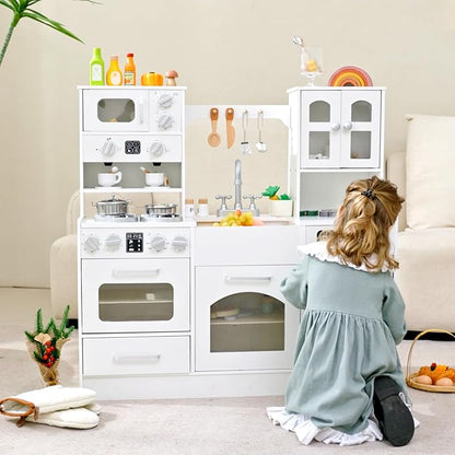 Wooden Play Kitchen for Kids with Realistic Lights and Sounds, Large Toddlers Interactive Kitchen Playset with Ice Maker, Stove, Sink, Oven, and 12 Accessories, Pretend Play Kitchen Set for Ages 3-8