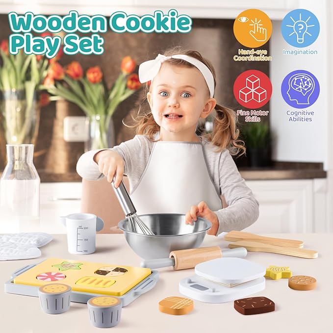 Wooden Toy Bake and Cookie Set, Pretend Play Food Sets for Kids, Pretend Cookies and Baking Set Kitchen Playset, Pretend Play Kitchen Accessories Gift for Boys and Girls Ages 3+