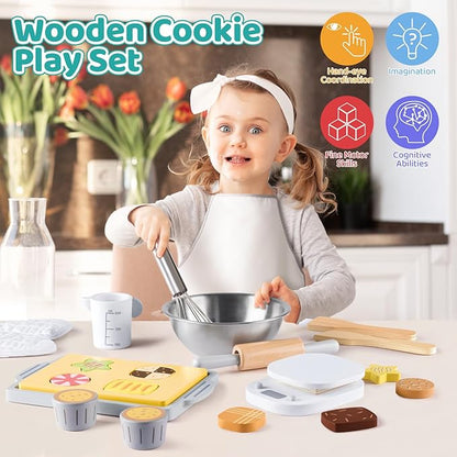 Wooden Toy Bake and Cookie Set, Pretend Play Food Sets for Kids, Pretend Cookies and Baking Set Kitchen Playset, Pretend Play Kitchen Accessories Gift for Boys and Girls Ages 3+