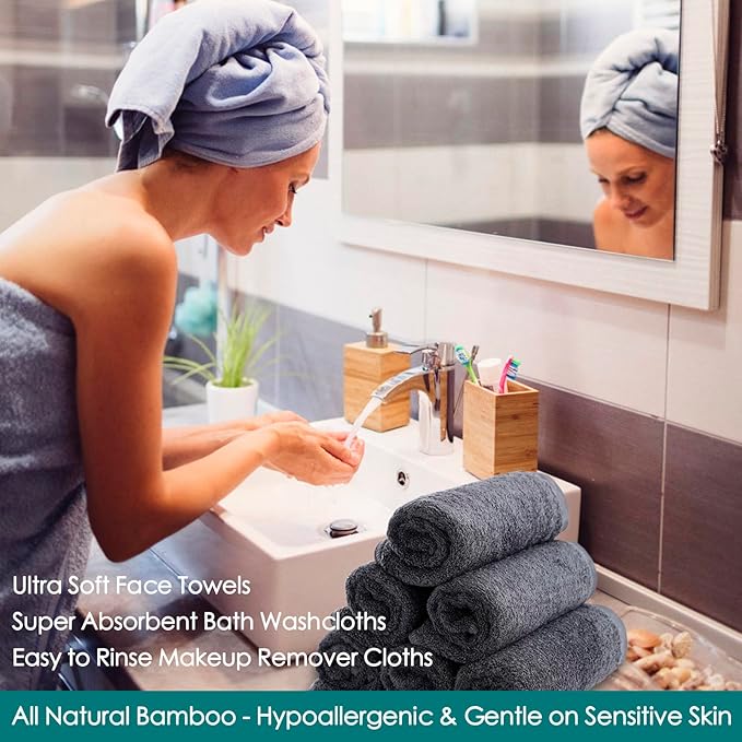 JEFFSUN Wash Cloths 6 Pack, 13x13 inch Extra Large Grey Face Towels for Sensitive Skin
