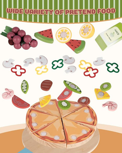 Wooden Pizza Toy, Wooden Food Toys for Toddlers 1-3, Wooden Play Food with Basket, Pretend Play Toys for Kids, Kitchen Playset for Toddlers 3-5, Cutting Food Toys, Gift for Girls Boys 3 4 5 6